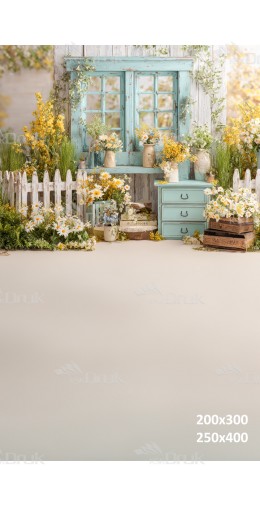 Tło fotograficzne „Turkusowe okno wśród rumianków i wiosennych kwiatów” | E667